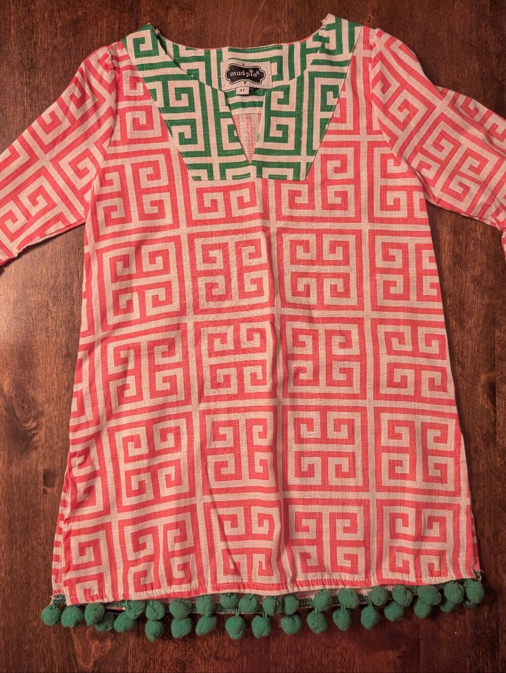 Mud Pie Pink & Green Geometric Pom-Pom T Dress/ Girls 4T